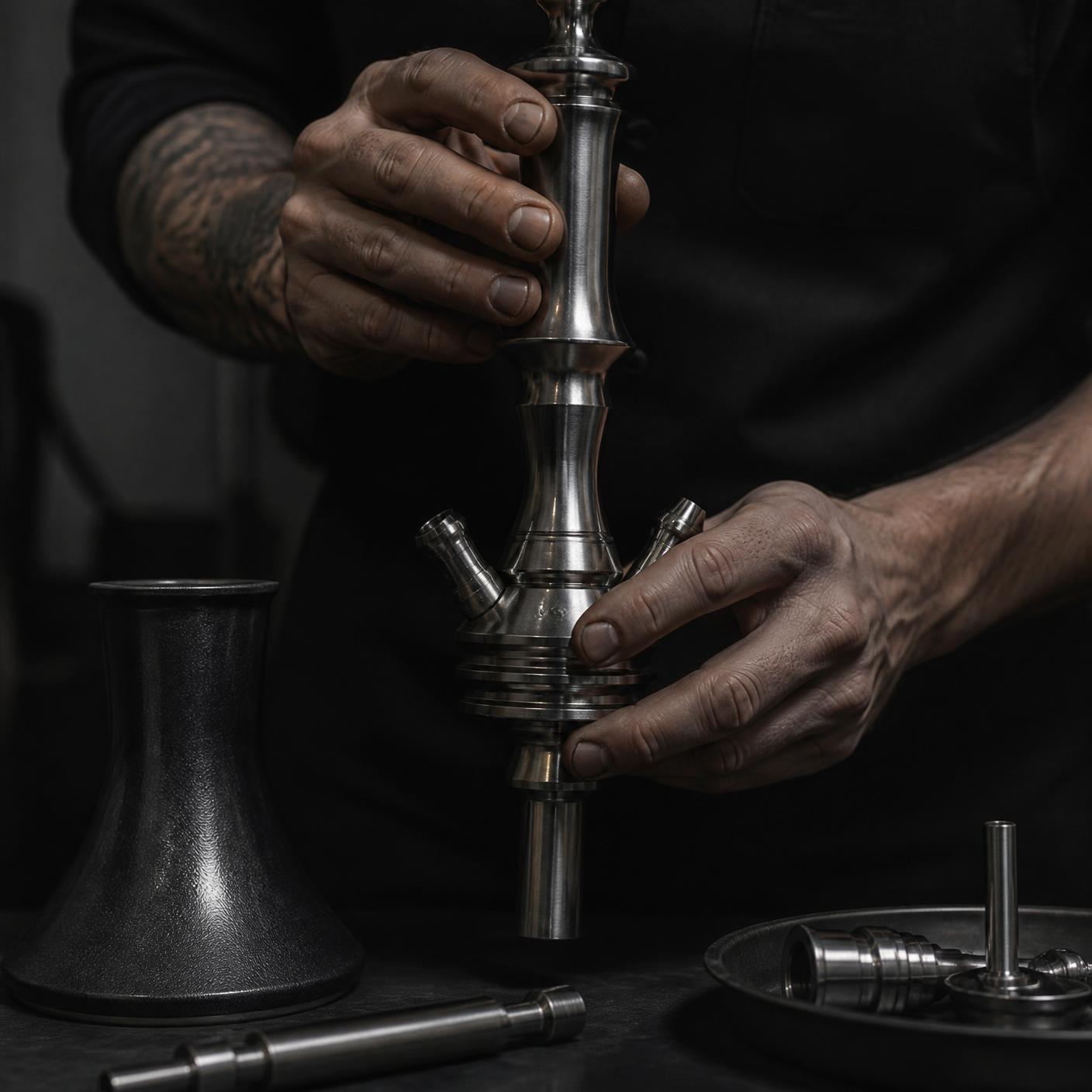 A craftsman assembling a LUX hookah stem